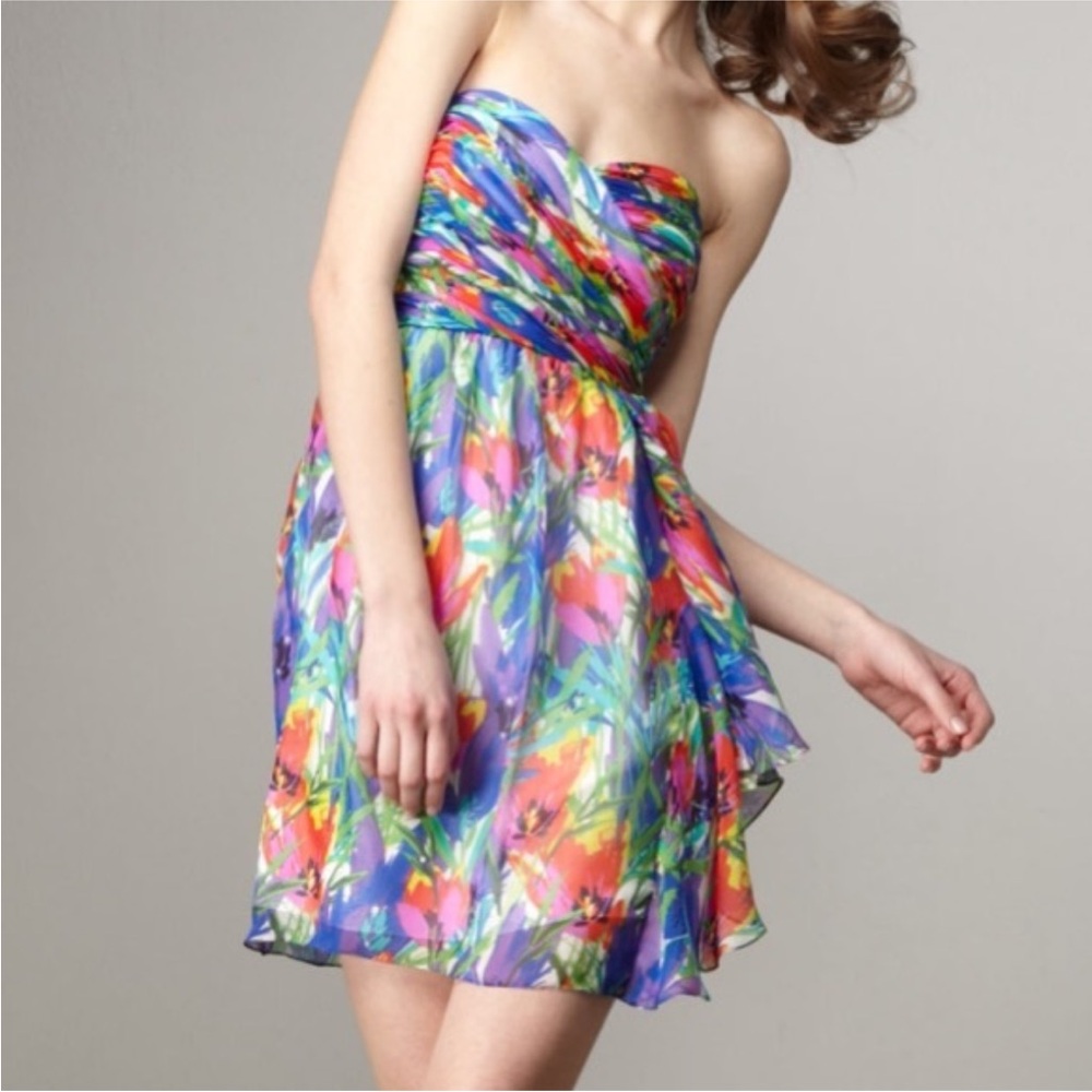 Shoshanna Watercolor Floral Silk Ruched Strapless Cocktail Dress